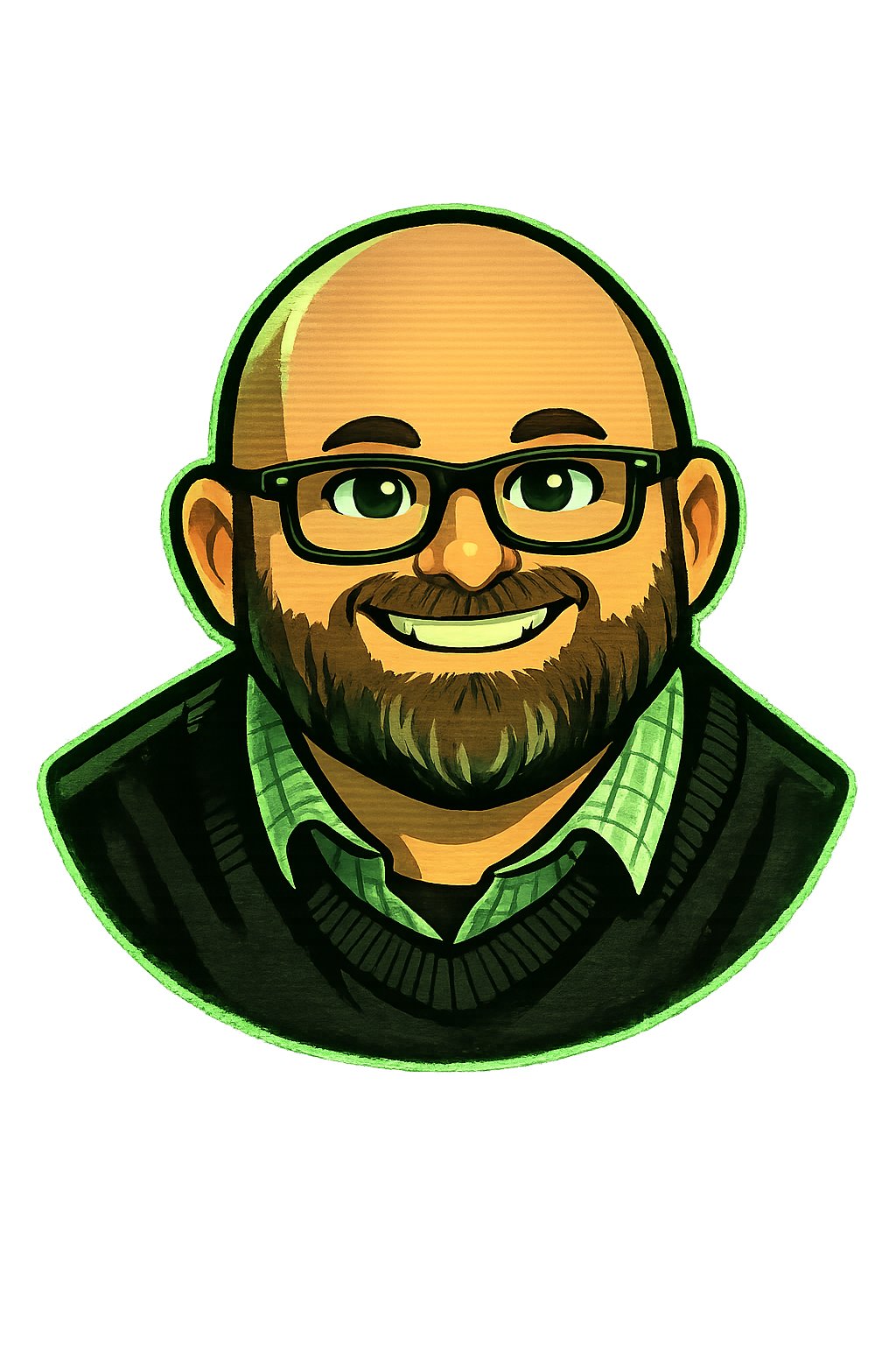 Cartoon portrait of Joe Kosch in Fallout-style terminal art